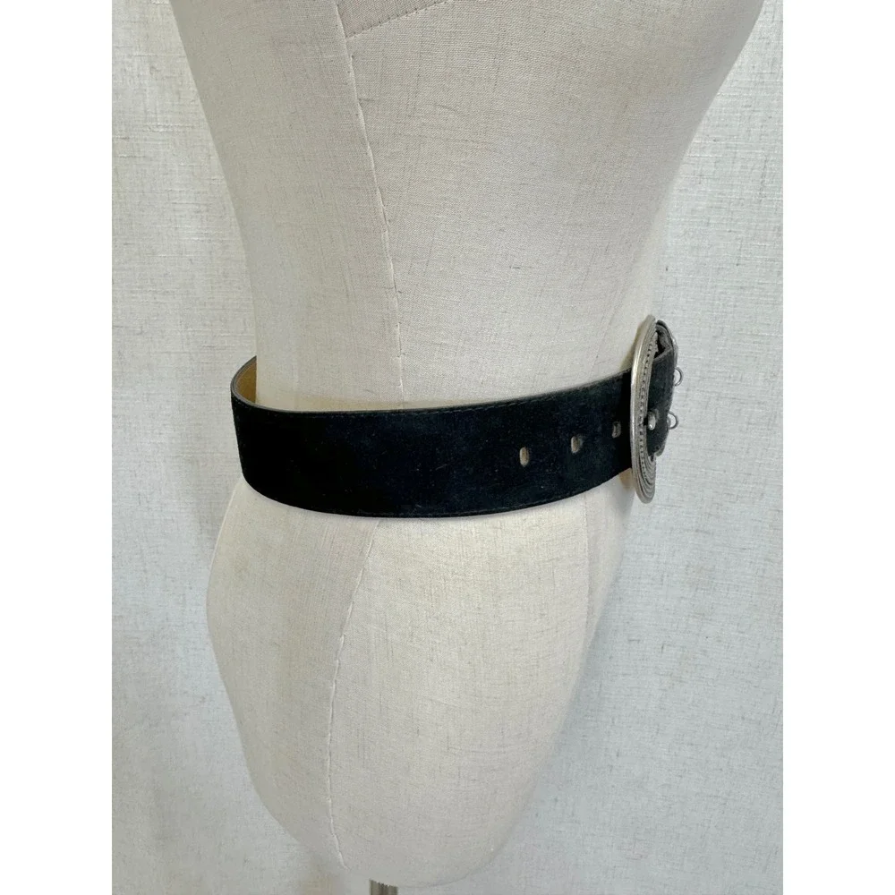 Vintage 90s Black‎ Suede Boho Belt Silver Crescent Buckle Crystal Detail Gypsy